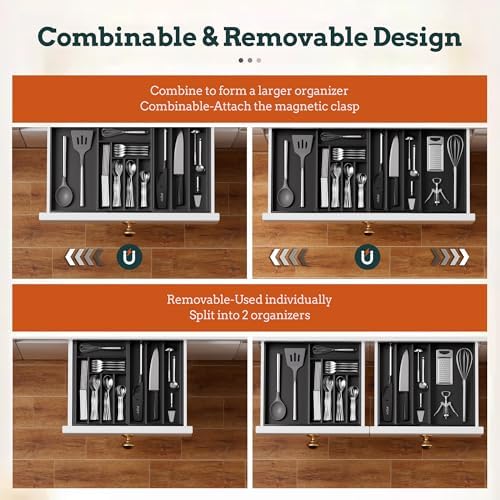 Bamboo Expandable Silverware Drawer Organizer 11 Slots Utensil Holder Black