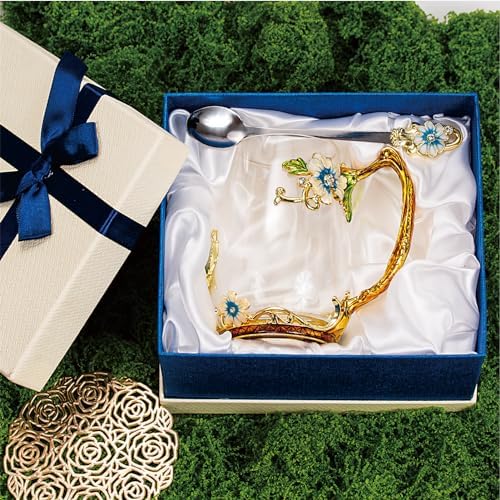 Flower Tea Cup,Butterfly Daisy Glass Fancy Coffee Mug with Spoon,Gift Box for Her Mom Wife Grandma Girls Friends Valentines Christmas Birthday Present Idea for Juice,Hot/Cold Drinks Use