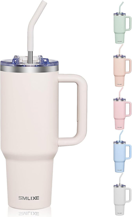 COKTIK 40 oz Tumbler With Handle and Straw, Insulated Tumbler With Leakproof Lids, Stainless Steel|BPA-Free, Cold for 24 H (Beige)