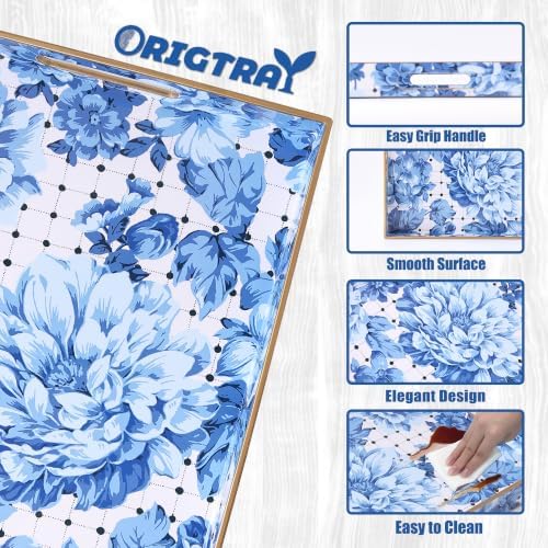 Serving Tray with Handles, Rectangular Plastic Tray 15.75x11.81 Inch, Decorative Tray for Kitchen, Dining Table, Vanity, Office & Home (Blue Peony, 15.8" x 11.8" x 1.6")