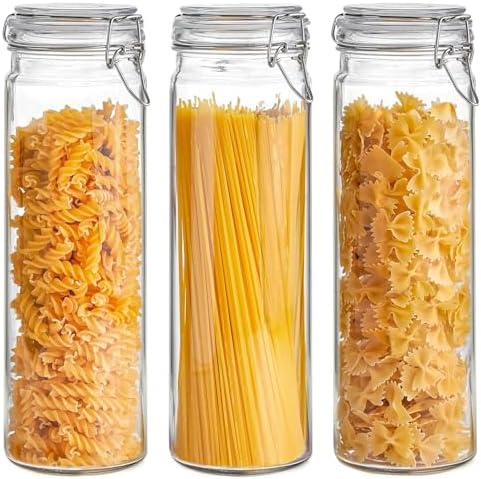 ComSaf Tall Glass Pasta Containers with Airtight Lids 68 oz 3 Pack Canister