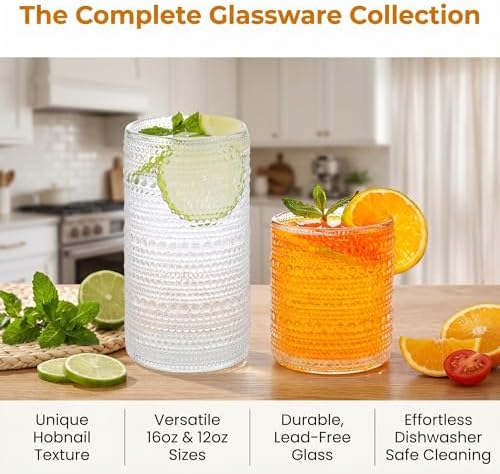 Vintage Hobnail Drinking Glasses Set of 8, Clear 16 oz Highball Glasses & 12 oz Cocktail Glasses Set, Kitchen Drinkware Glassware,Embossed Water Tumbler for Beer, Juice, Whiskey, Milk
