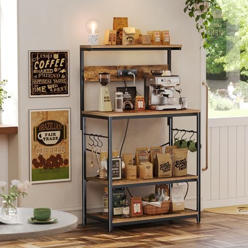 SUPERJARE Bakers Rack with Power Outlets, Microwave Stand, 31.5 X 16.5 Inch Larger Desktop, Kitchen Storage Rack with Adjustable Middle Shelf, 6 S-Shaped Hooks, Coffee Bar Stand, Rustic Brown
