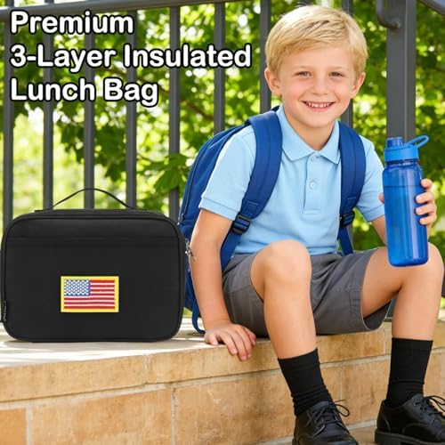 FlowFly Kids Lunch box Insulated Soft Bag Mini Cooler Back to School Thermal Meal Tote Kit for Girls, Boys, Black Free USA Flag Patch Included