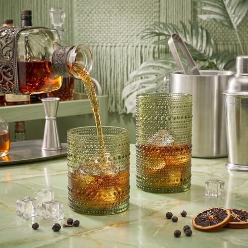 Hobnail Drinking Glasses Set of 12 Kitchen Glass Cups Glassware, Green
