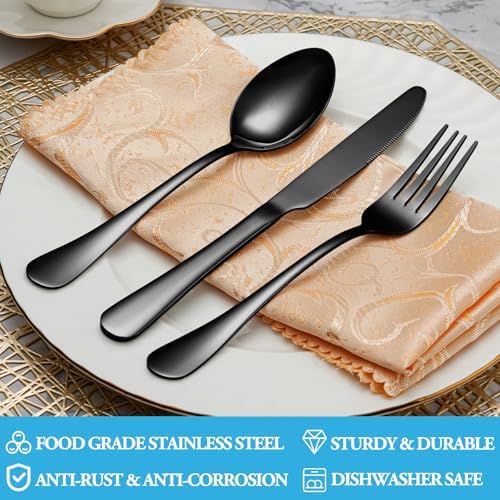16 Piece Black Dinner Forks Set, Food-Grade Stainless Steel Silverware Forks, Cutlery Fork, Metal Fork for Home, Kitchen or Restaurant, Mirror Polished, Dishwasher Safe - 8 Inch