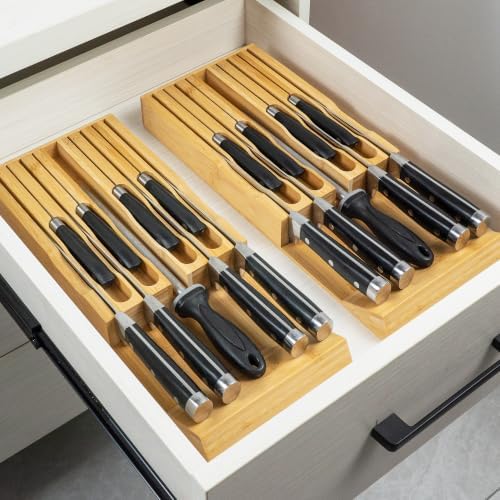 VaeFae Bamboo Knife Drawer Organizer Insert, Kitchen Knife Block, 8 Holder