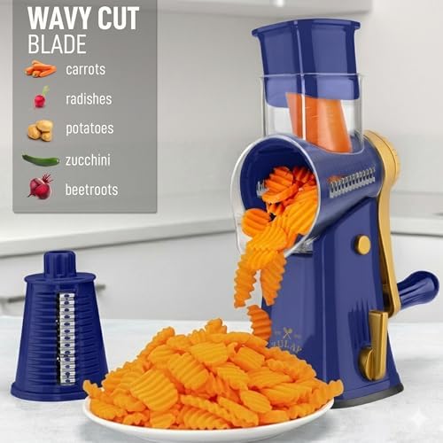 Rotary Cheese Grater Manual Hand Crank 5 Blade Shredder, Blue & Gold