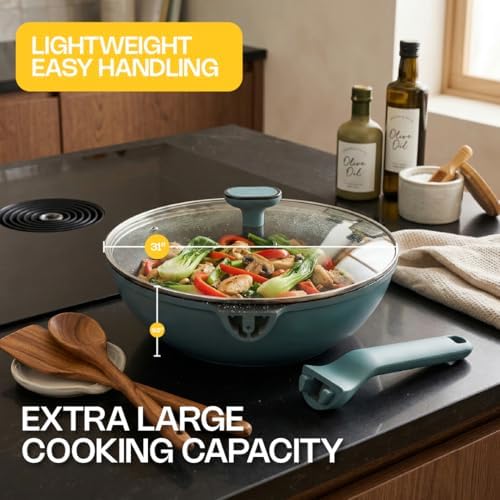Ravelo Nonstick Wok Pan with Glass Lid, 11.8in Die Cast Stir Fry Pan