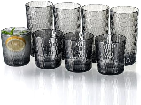 15oz and 22oz Grey Acrylic Glasses Drinkware (Set of 8), Honeycomb Stackable Shatter-Proof Plastic Tumblers, Reusable Plastic Drinking Glasses, BPA-Free, Dishwasher-Safe