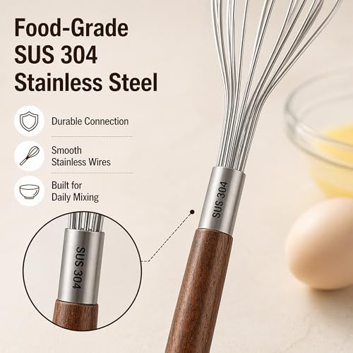 Mini Whisk 10 Inch, 304 Stainless Steel Small Wire Whisk with Walnut Wood Handle, Hand Egg Beater for Cooking, Baking, Mixing Eggs, Coffee, Sauces, Dressing and Gravy, 1 Count