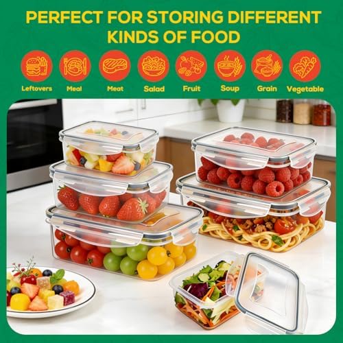 6 Pack Large Thick Plastic Food Storage Containers with Lids Airtight