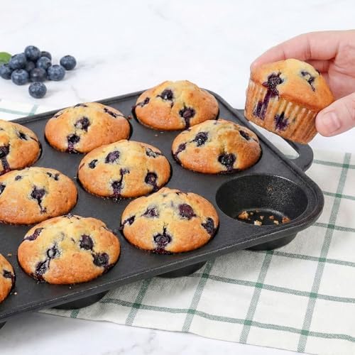 Flavehc 2pack Cast Iron Muffin Pans for Baking 12 Cup Regular Size Cupcake Pan with Handle Pre-Seasoned Muffin Pans Molds