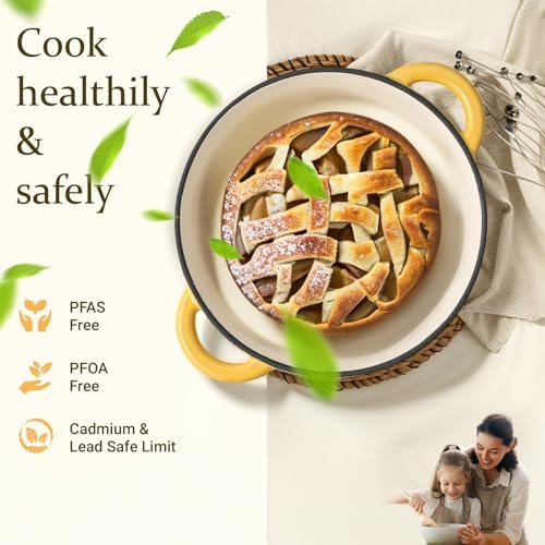Overmont Enameled Cast Iron Dutch Oven - 4.5QT Pot with Lid Cookbook & Cotton Potholders - Heavy-Duty Cookware for Braising, Stews, Roasting, Bread Baking GooseYellow