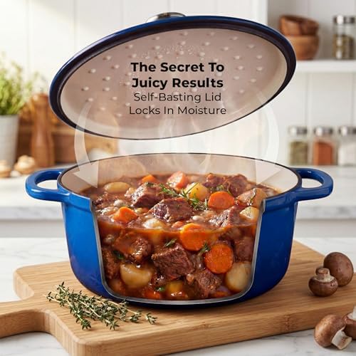 Zulay Kitchen 5 Quart Enameled Cast Iron Dutch Oven Pot with Lid – Premium Durability & Oven Safe up to 500°F – Heavy Duty Cookware Perfect for Bread Baking, Stews, Braising & Roasting – Blue