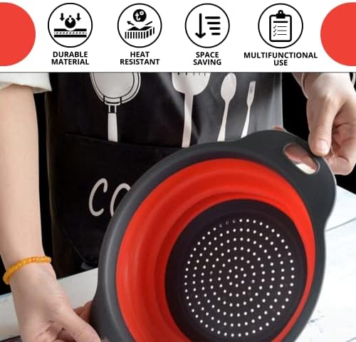 Round Collapsible Colander with Plastic Handles Round Silicone Kitchen Strainers Foldable Kitchen Strainer Perfect for Draining Pasta Vegetable and Fruit Red