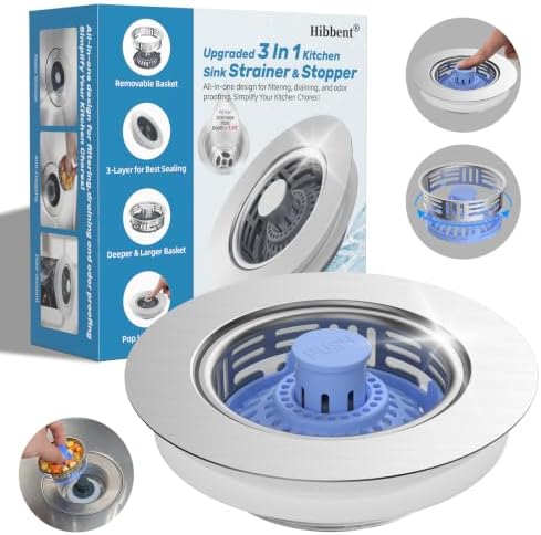 Hibbent 3 in 1 Kitchen Sink Drain Strainer, Metal Pop Up Stopper