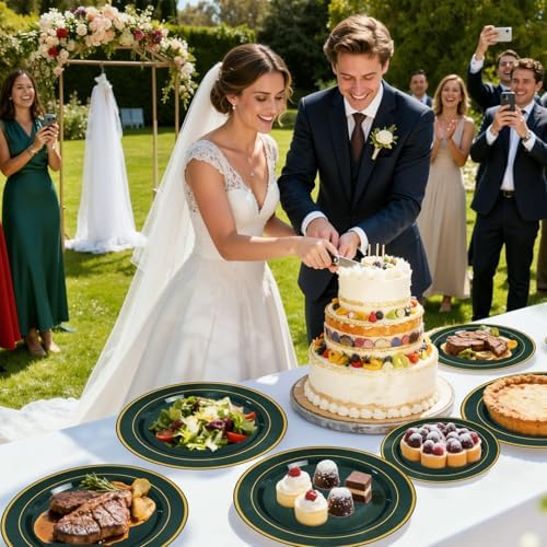 WDF Partyware 175PCS Green Plastic Plates - Green and Gold Disposable Plates 25Guests Plastic Plates with Rolled Napkins for Birthday/Party/Wedding