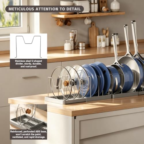 Magheo 2 Pack Expandable Food Storage Container Lid Organizers, 31.3" Pots and Pans Organizer Under Cabinet with 12 Adjustable Dividers Pot and Pan Lid Holders Rack Inside Cabinet(Gray)