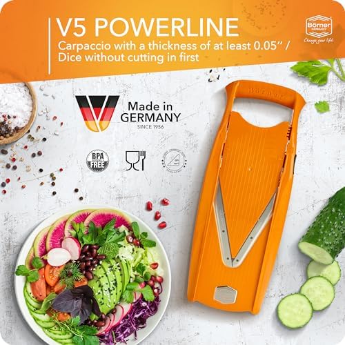 Börner Mandoline Slicer V5 (Starter Set) • Vegetable V-Slicer for Slices, Sticks & Dices in Various Sizes • With Stainless Steel V-Blade • Adjustable Kitchen Slicer • Color: Orange