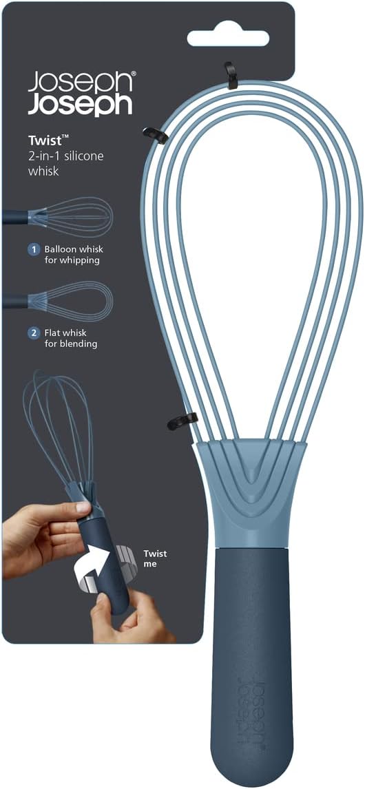 Joseph Joseph Twist Whisk 2-In-1 Collapsible Balloon and Flat Whisk Silicone Coated Steel Wire, Sky Blue