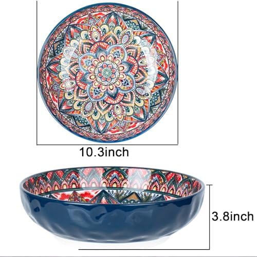 75 Oz Serving Bowls,Bohemian Style Large Porcelain Dishes for Entertaining Parties,Big Bowls for Eating Soup, Salad, Pasta, Fruit, Chips, 10.3 Inch Diameter (blue.green)