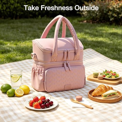 Double Deck Lunch Bag for Women, Pink-M