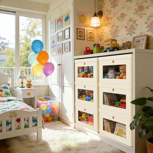 DIMJ Storage Bins with Lids - 6 Pack Fabric Closet Organizer with Window & Handles, Collapsible Decorative Storage Boxes for Shelves Under Bed, Books Clothes Blankets Sweaters Organization