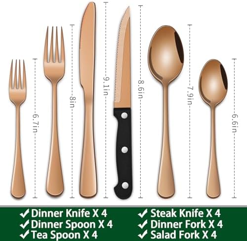 24 PCs Rose Gold Flatware Sets Service For 4, Copper Kitchen Utensils Set