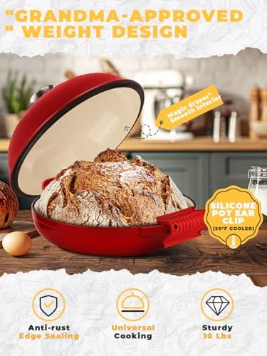Dutch Oven Bread Baking Pot with Lid 6QT Enameled Cast Iron Oven, Gradient Red Design & Complete Sourdough Kit (Banneton Basket, Dough Tools, Silicone Sling) for Artisan Bread Making