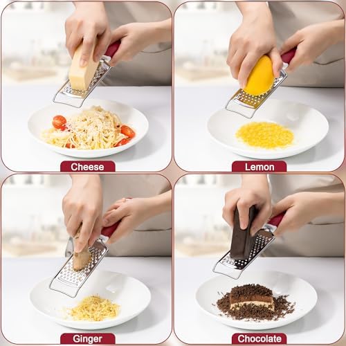 Rainspire Professional Cheese Graters for Kitchen Stainless Steel Handheld, Metal Lemon Zester Grater With Handle For Cheese, Chocolate, Spices, Kitchen Gadgets Tools, Soft Grip Handle (Red)
