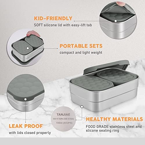 Tanjiae 3 CUP+1 CUP Stainless Steel Lunch Snack Containers Set | Leak Proof 304 Stainless Steel Food Containers with Silicone Lids - Perfect Metal Lunch Box for School and Daycare (25oz+8oz*2)