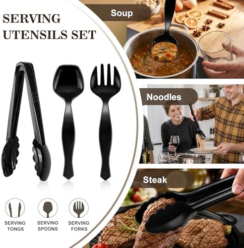 Mwellewm 24Pcs Plastic Serving Utensils for Party Large Serving Spoons for Buffet Disposable Plastic Tongs Set Heavy Duty Slotted Spoons/Forks Supplies for Food Salad Soup Cooking Catering(Black)