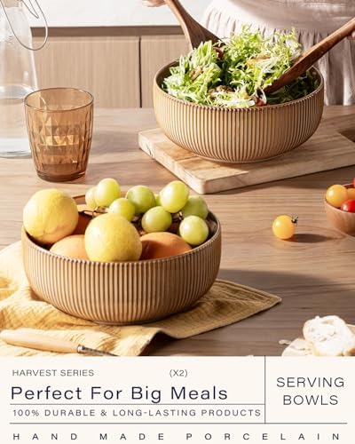 getstar Large Serving Bowls (8 inch & 60 fl oz), Ceramic Salad Bowl Set of 2, Microwave and Dishwasher Safe, Farmhouse Kitchen Decorative Bowls Set (Embossed Stripes, Vintage Yellow)