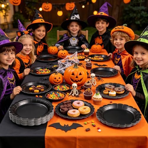 NatNarr 30 Pcs Black Paper Plates 9" Scalloped Halloween Dessert Cake Plate