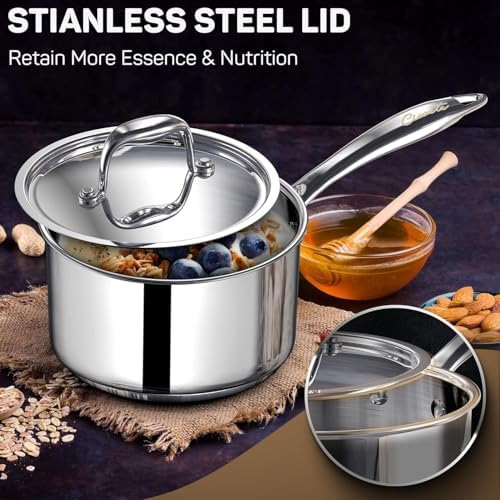Ciwete 2 Quart Sauce Pan with Lid, Tri Ply Stainless Steel Saucepan 2 Qt with Stainless Steel Lid, 2 Measuring Lines, Upgraded Packaging, Cool Ergonomic Handle, Dishwasher & Oven Safe
