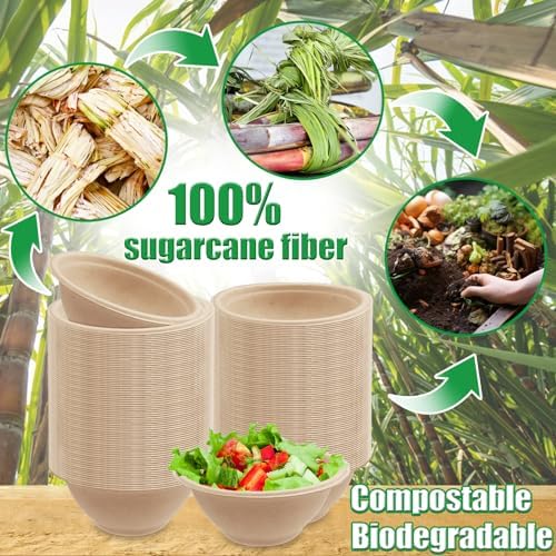 Tiaiidi 200 Pack Compostable Natural Paper Bowls,8 oz Disposable Paper Bowls,Eco-Friendly Sugarcane Bowls,Heavy Duty Small Bagasse Bowls for Salad,Snack,Soup,Party Serving Treats