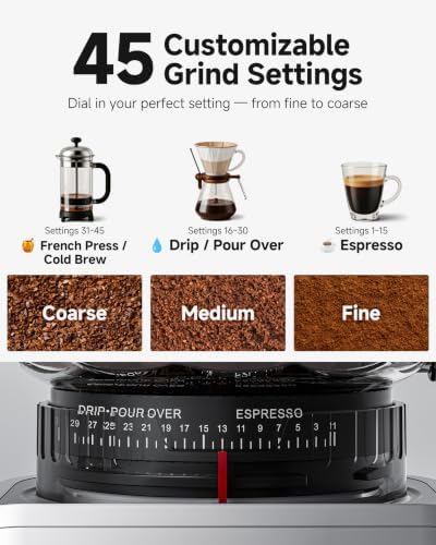 AAOBOSI Espresso Coffee Grinder, Anti-Static, 45 Grind Settings,40s Timer