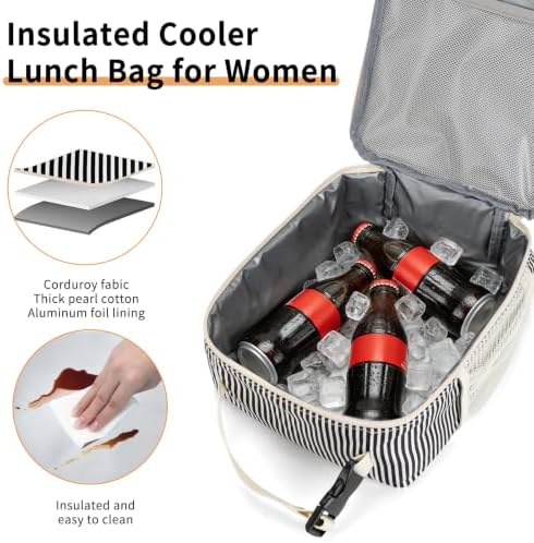 Lunch Box for Women Men Adult Insulated Lunch Bag Women Men Small Reusable Lunchbox for Work Picnic Travel (Black Stripes)