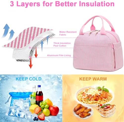 Bluboon Lunch Box for Women Cute Lunch Bag Reusable Insulated Lunch Bags Large Capacity Lunchbox Cooler for Work Picnic or Travel Gifts (Pink White Vertical Stripes, 10 x 7.5 x 8 inches)