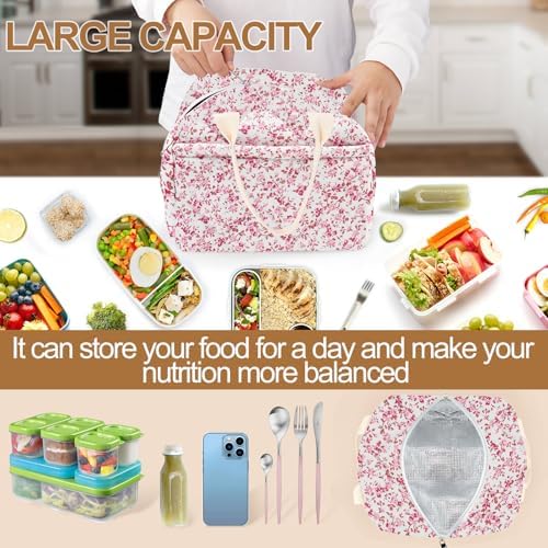Cotton Quilted Insulated Lunch Bag, Reusable Quilted Floral Lunch Tote Bags
