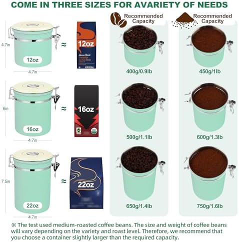 ShanSon Coffee Canister Airtight, Stainless Steel Bean Storage Container with Date Tracker & Scoop, Grounds Sugar Flour Tea Cereal Fits Kitchen Pantry, Ideal Gift for Coffee Lovers,16oz,Green