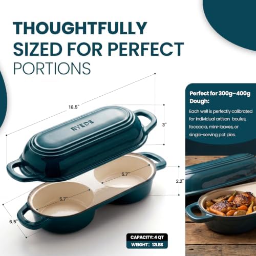 Double Dutch Oven for Bread Baking,Mini Cast Iron Sourdough Loaf Pan(Teal)