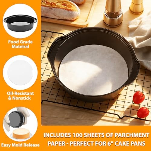6 Inch Cake Pan - 3PCS Carbon Steel Round Cake Pans with 100 Pieces Parchment Paper, Non-stick & Easy Demolding, Non-toxic & Healthy
