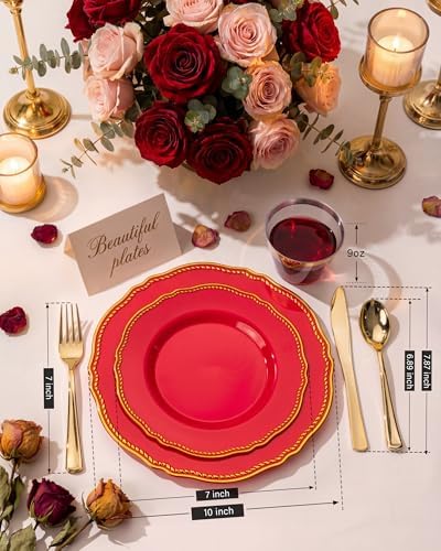 Hioasis 175 Pcs Red Gold Plastic Plates Wedding & Party