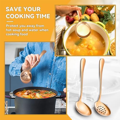 Rose Gold Serving Utensils Set Stainless Steel, Large Metal Serving Spoons, Slotted Spoons, Forks, Tongs, Soup and Skimmer Spoon, Cake Server serveware for Partie, Buffet, Catering, Entertaining 15pcs