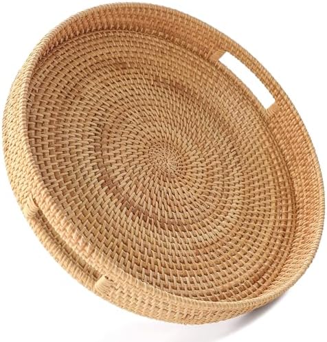 HITOMEN 11.8" Hand-Woven Round Rattan Serving Tray Decorative Wicker Trays with Handles for Coffee Table (Natural-M)