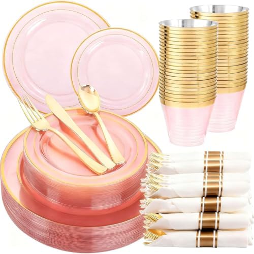 WELLIFE 350Pcs Clear-Pink Plastic Dinnerware- Pink and Gold Plastic Dinnerware include 50 Dinner Plates, 50 Dessert Plates, 150 Gold Silverware, 50 Cups and 50 Napkins Perfect for Parties
