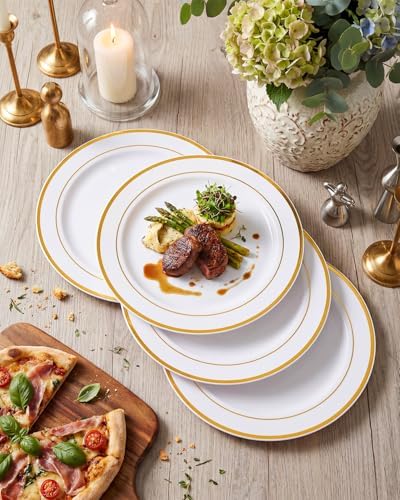 bUCLA 100Pieces Gold Plastic Dinner Plates - 10.25inch White and Gold Plates Disposable for Party - Ideal for Wedding, Party & Daily Use