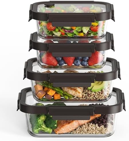 GENICOOK Glass Meal Prep Containers with Glass Lids, 4 Pack Airtight Glass Food Storage Containers, Borosilicate Glass Lunch Containers for Healthy Meal Prep, Microwave Oven Dishwasher Safe, BPA Free